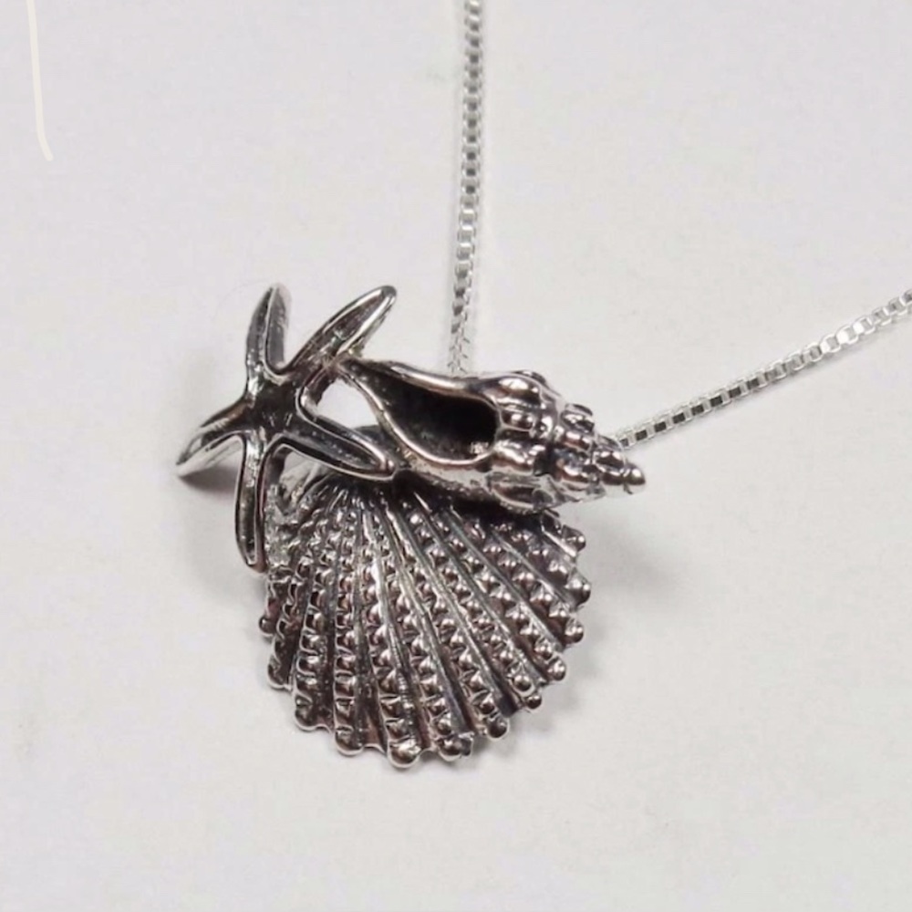 Sterling Silver 925 Seashell & Starfish Pendant | Nautical Beach Jewelry